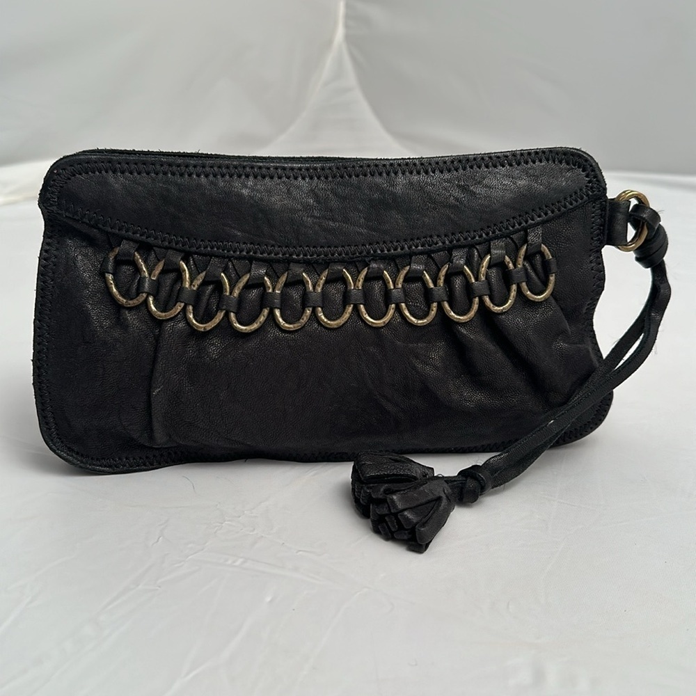 Lucky Brand black soft lamb leather top zip tassel clutch or wristlet